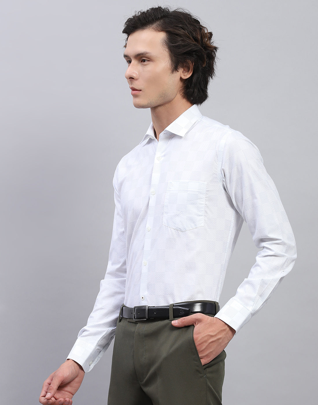 Men White Check Collar Full Sleeve Shirt