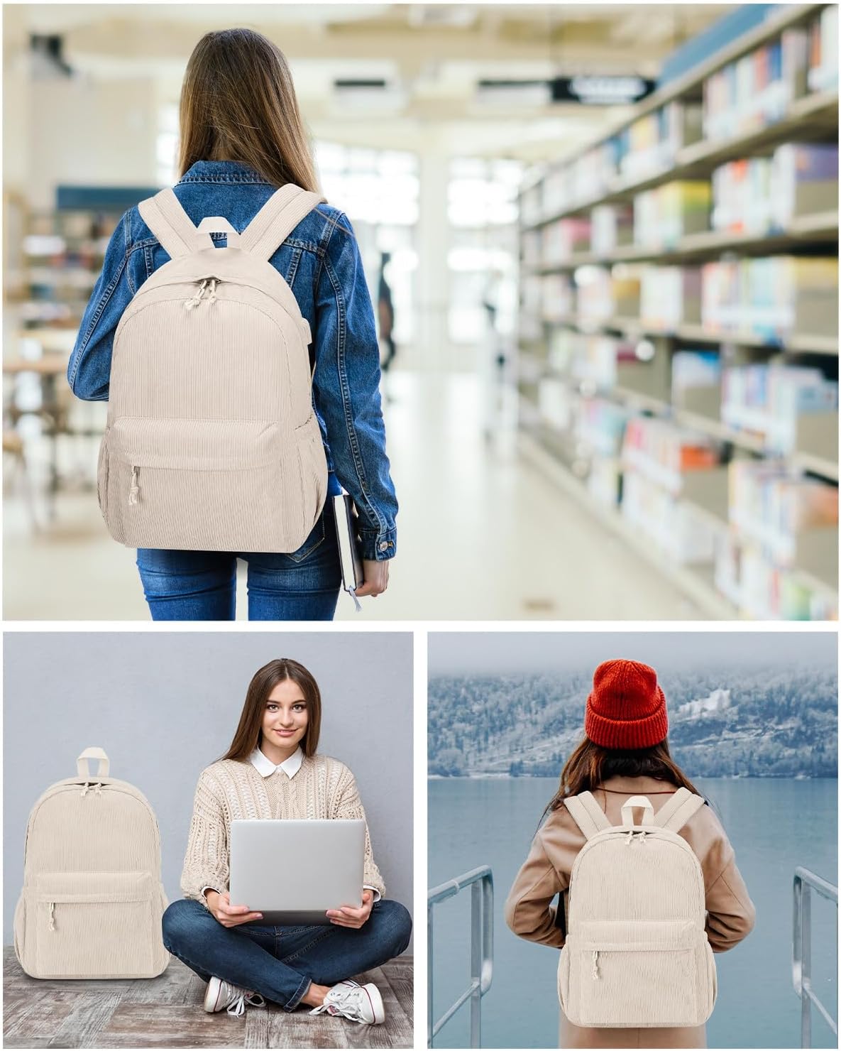 School Backpack for Teens Girls Boys, Large Corduroy College Bookbag Lightweight Backpack Purse for Women Fit for 15.6 Inch Laptop (Beige)
