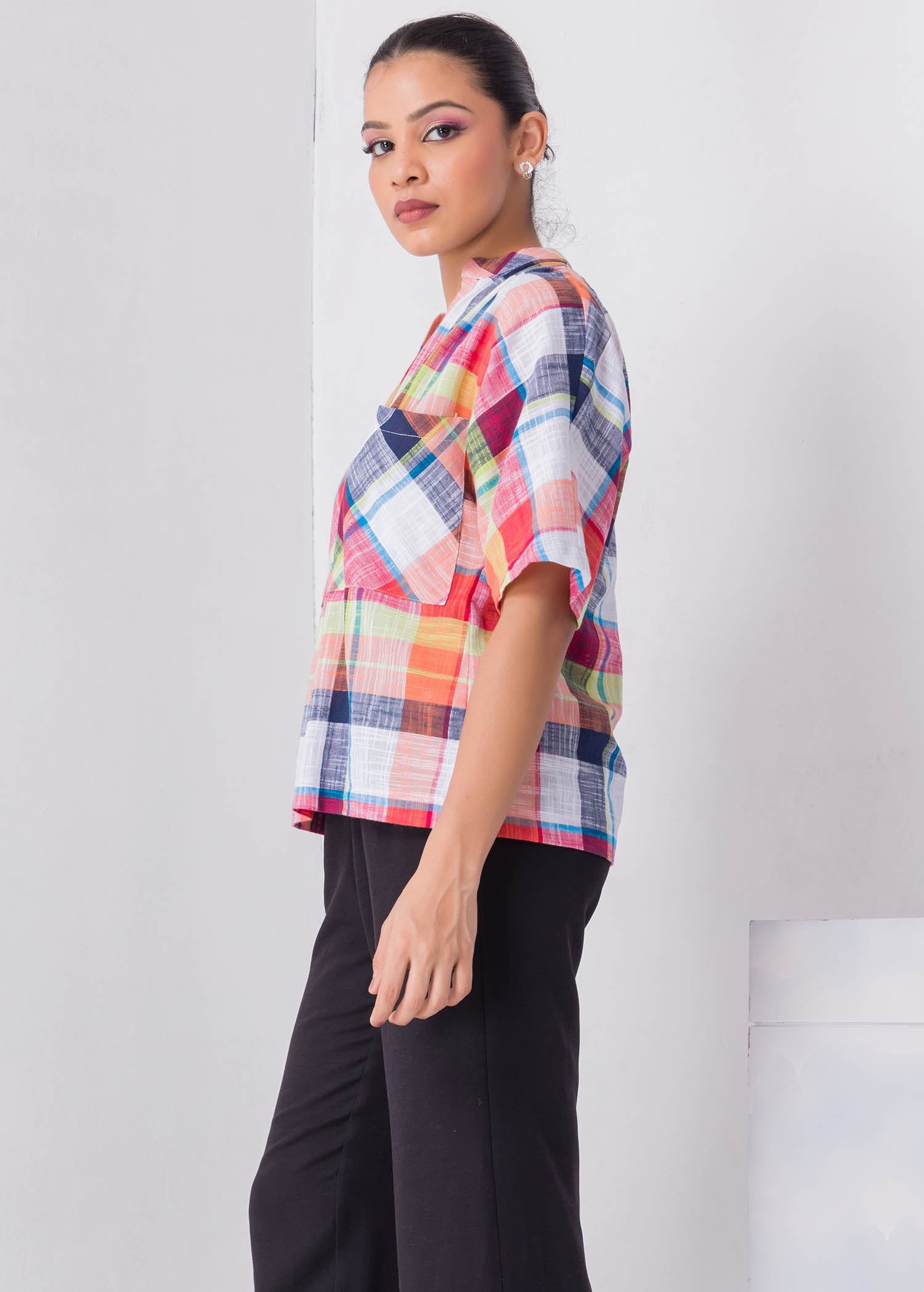 Check Blouse With Large Front Pockets