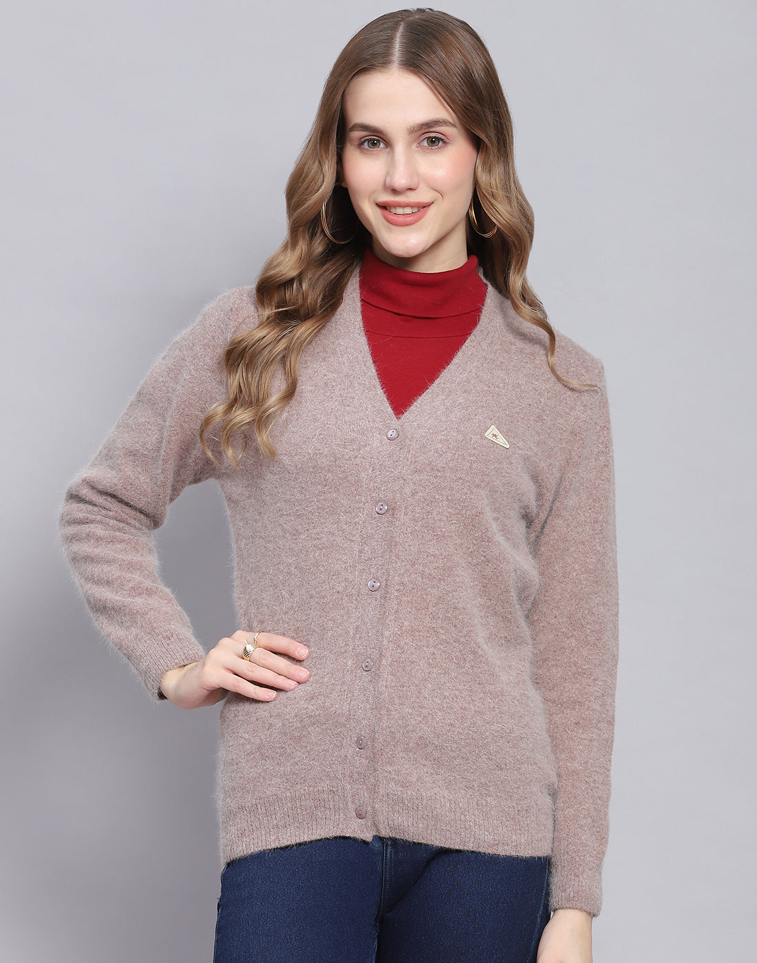 Women Brown Solid V Neck Full Sleeve Cardigan