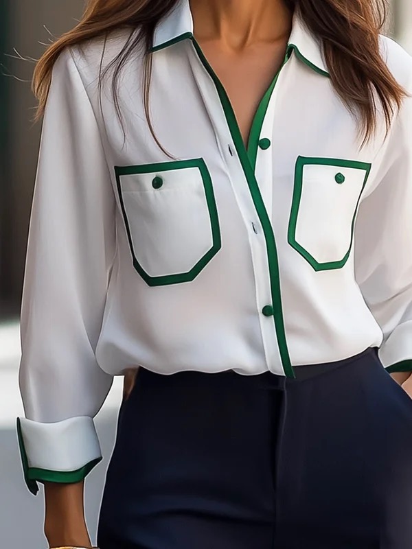 Long Sleeves Loose Buttoned Contrast Color Pockets Lapel Blouses&Shirts Tops