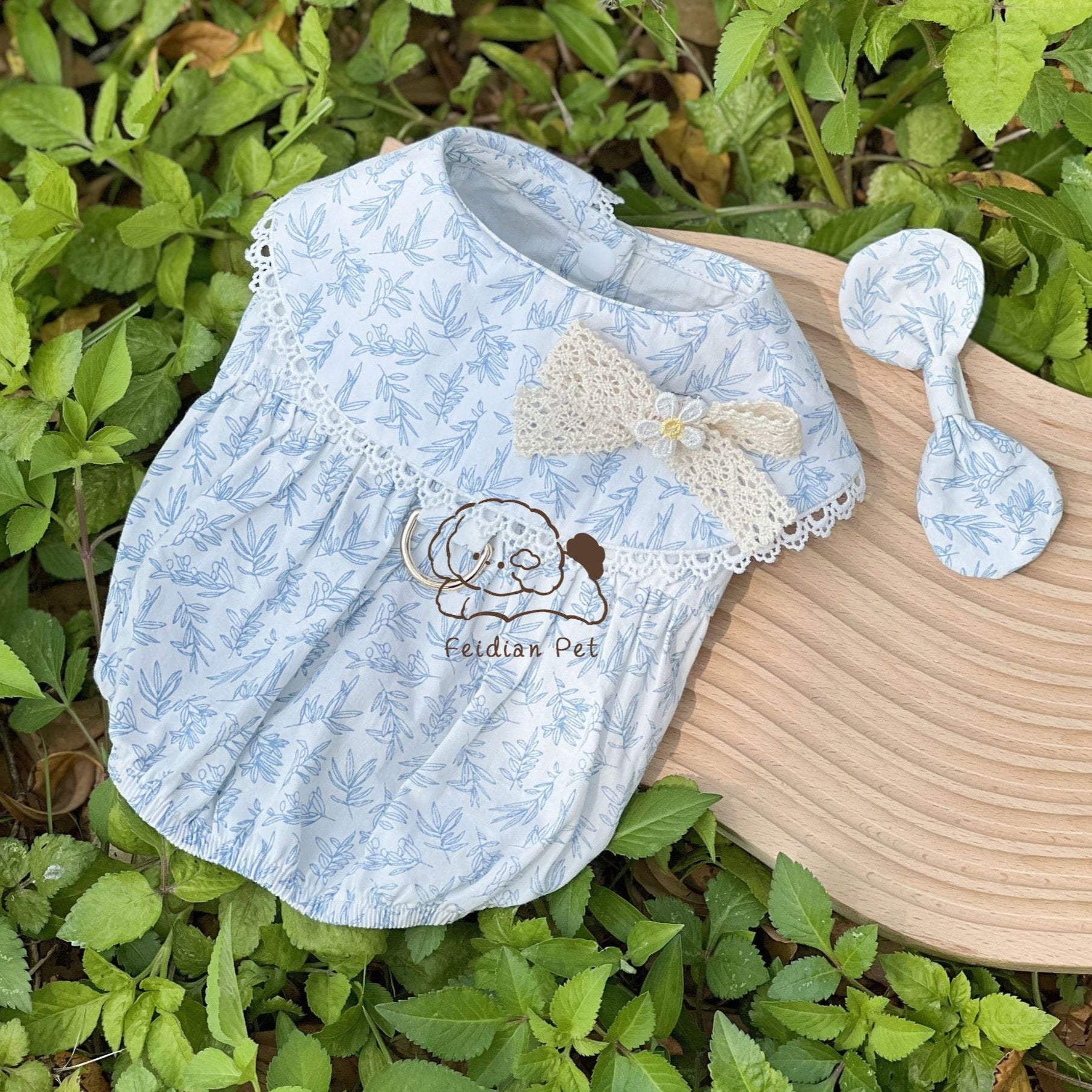 Leaf Printed Dog Dress with Hair Clip