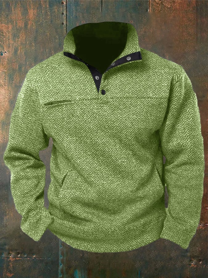 Men's Western Style Herringbone Design Patchwork Stand Collar Button Sweatshirt
