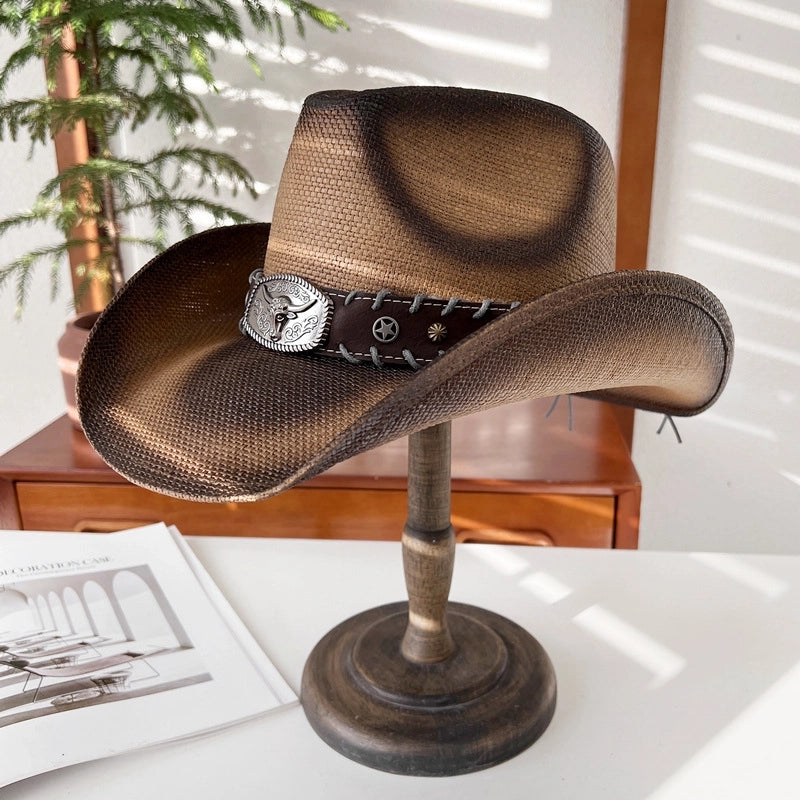 Fashion Personality Knight Hat Women's Summer Outdoor Sun Hat Western Denim Sun Protection Straw Hat Men's Fashion Punk Hat