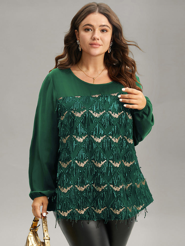 Sequin Tassel Trim Patchwork Lantern Sleeve Blouse