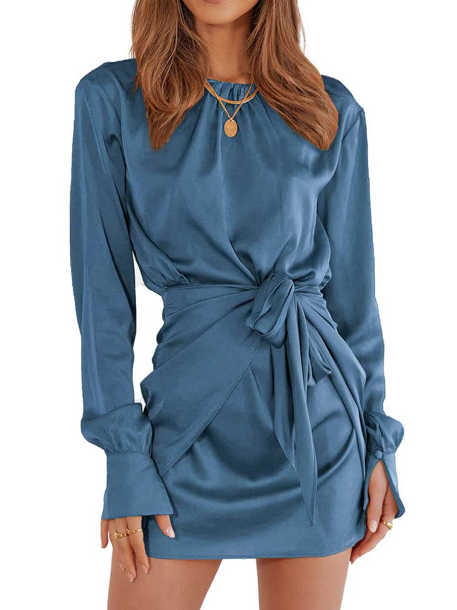 Long Sleeve Round Neck Tie Dress