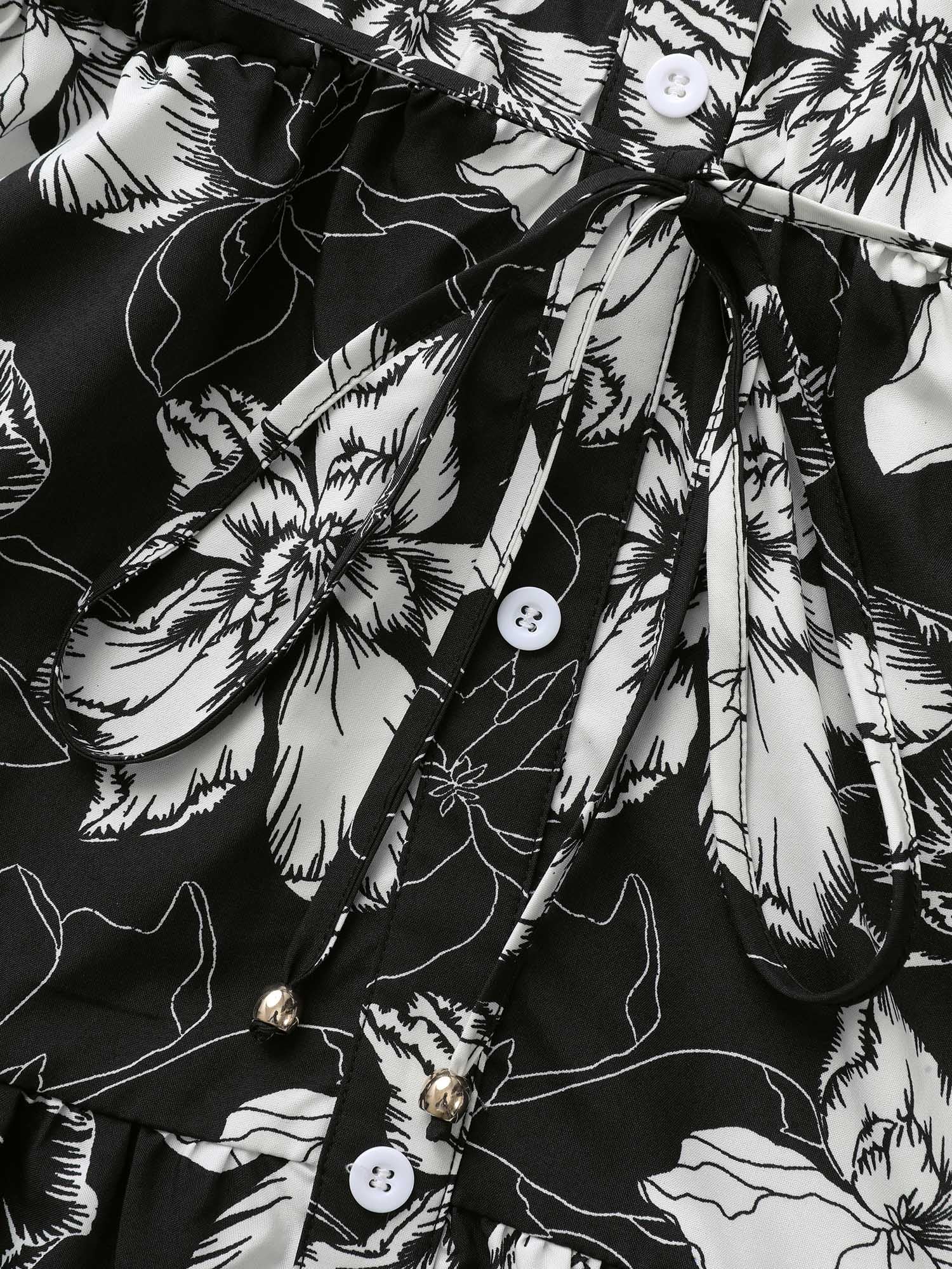 Floral Shirt Collar Belted Midi Dress