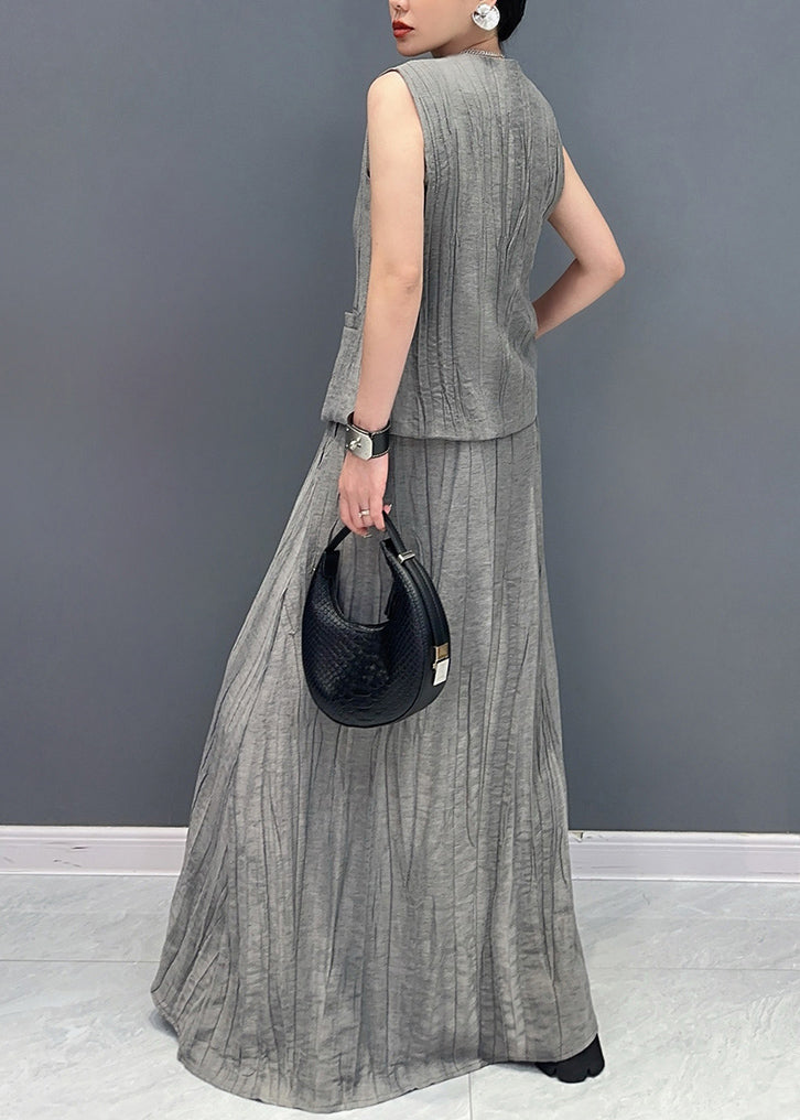 Boutique Grey V Neck Waistcoat And Skirts Two Pieces Set Sleeveless Summer