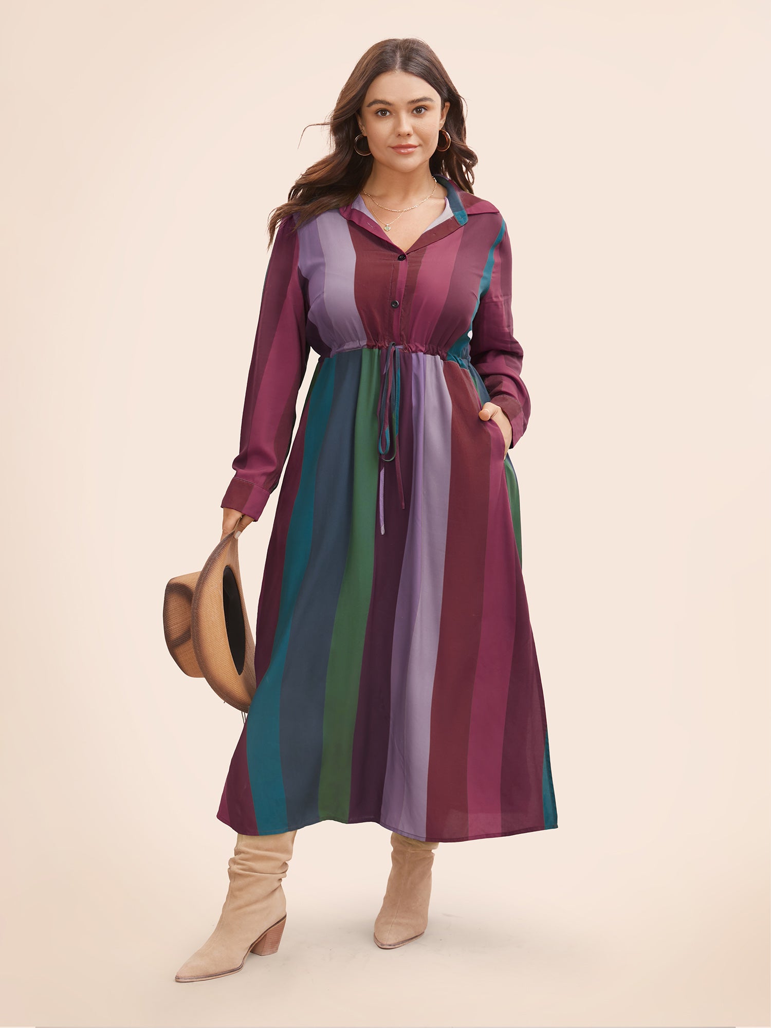 Colorblock Contrast Shirt Collar Drawstring Dress