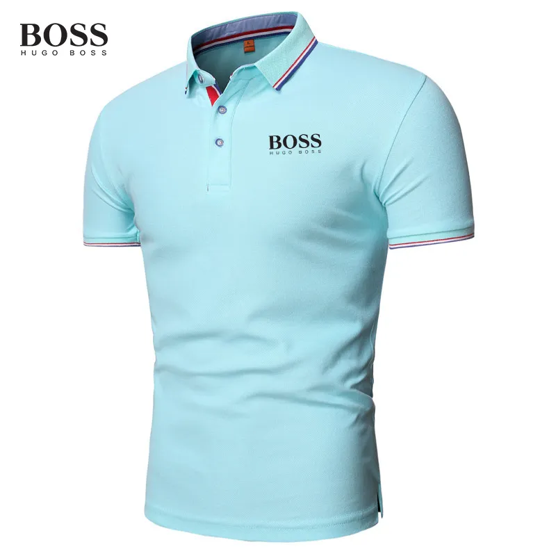 Boss Shirt Men Button Stand Collar Short Sleeve Polo Shirts