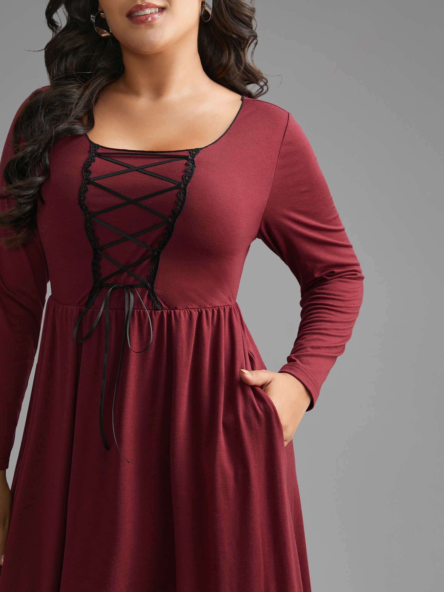 Square Neck Lace Panel Lace Up Dress