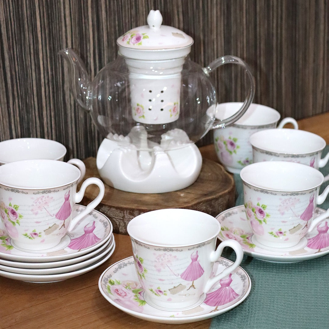 Pink Flowers Porcelain Cups & Pot Set