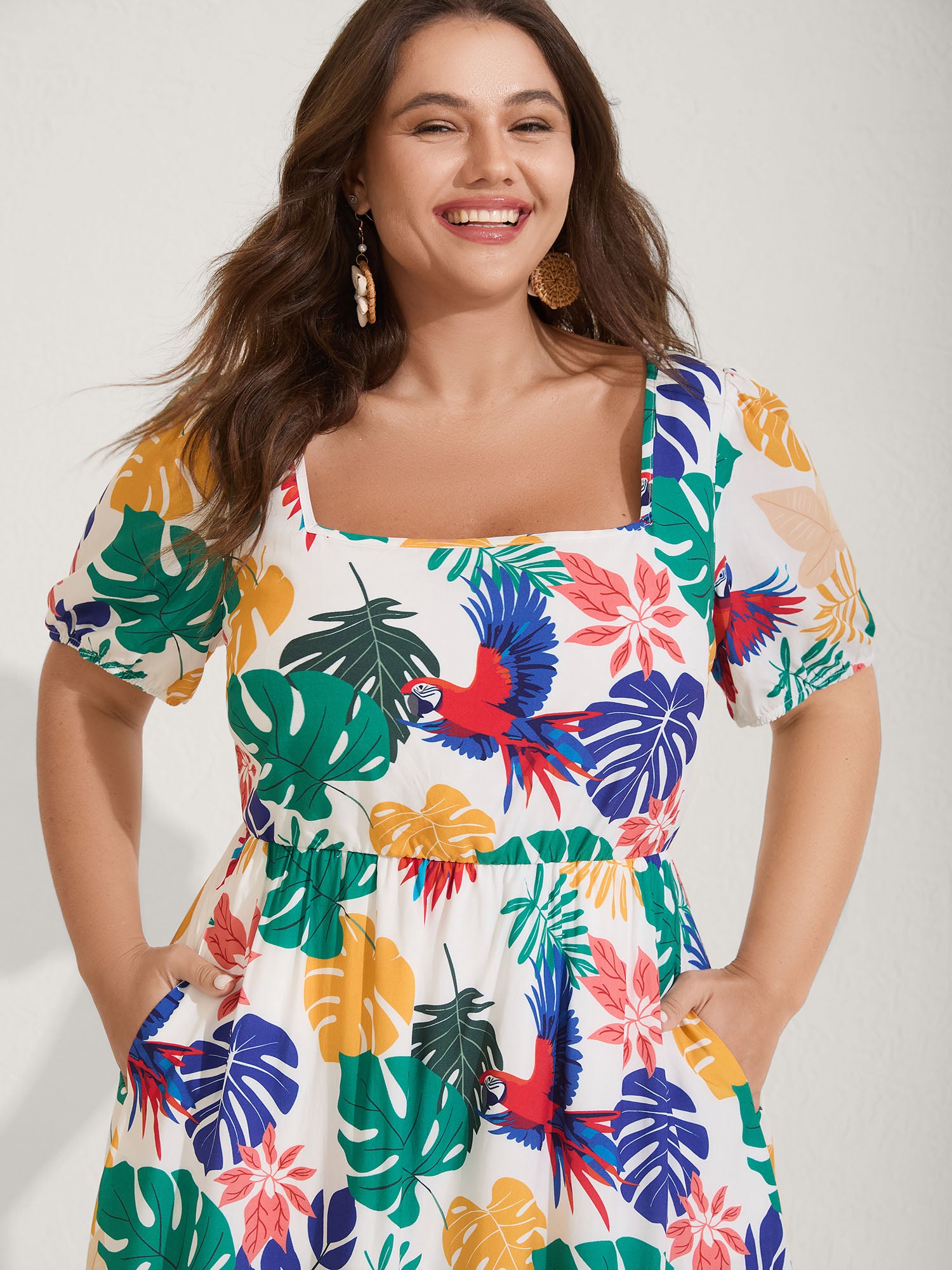 Rayon Groovy Tropical Print Midi Dress