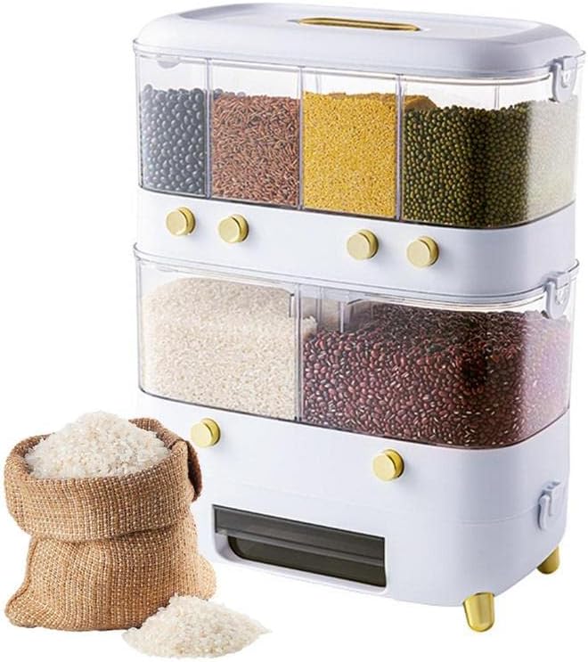 Rice Grain Storage Container. Multi-Division Grid Widely Used Rice Storage Box Dispenser (6 Grids White)