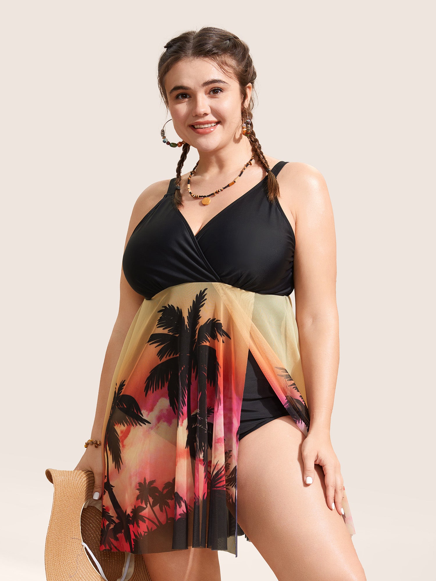 Tropical Print Slit Hem See Through Swim Dress