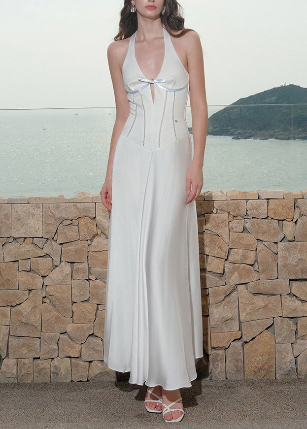 White Hollow Out Lace Up Cotton Long Dress V Neck Summer