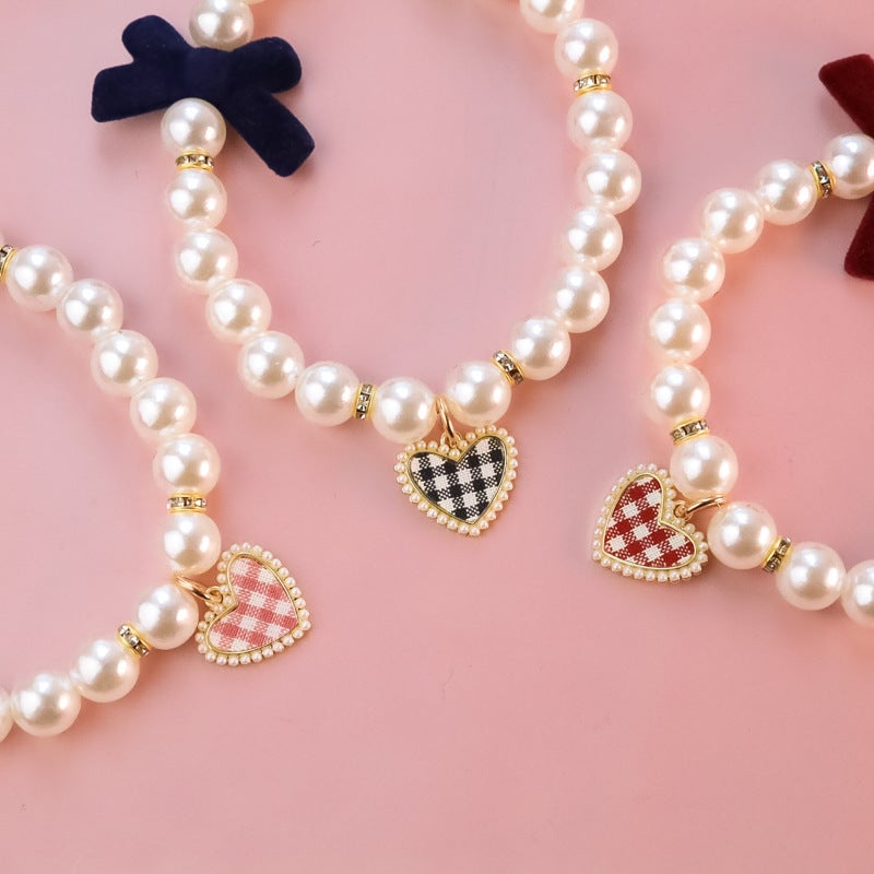 Vintage Plaid Heart Pearl Dog Cat Necklace