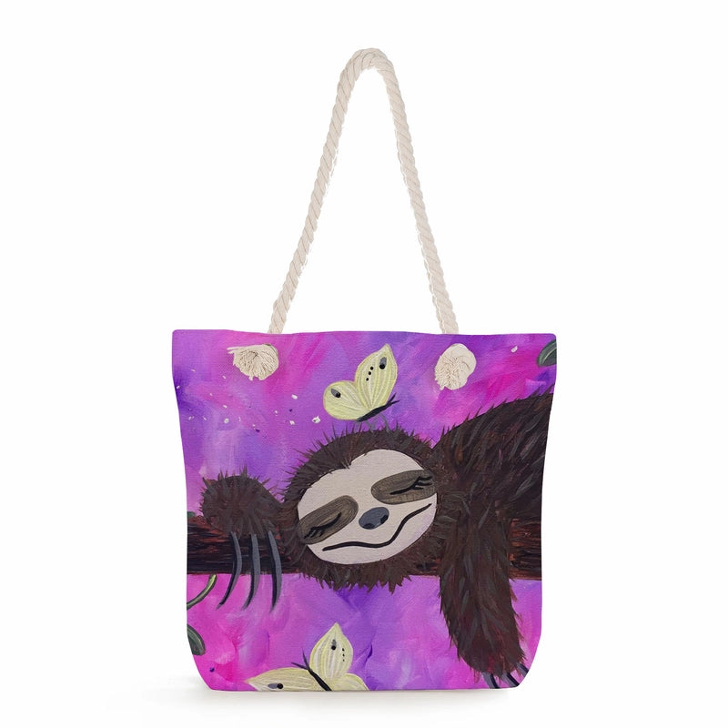 Women's Cotton And Linen Sloth Cute Square Zipper Tote Bag