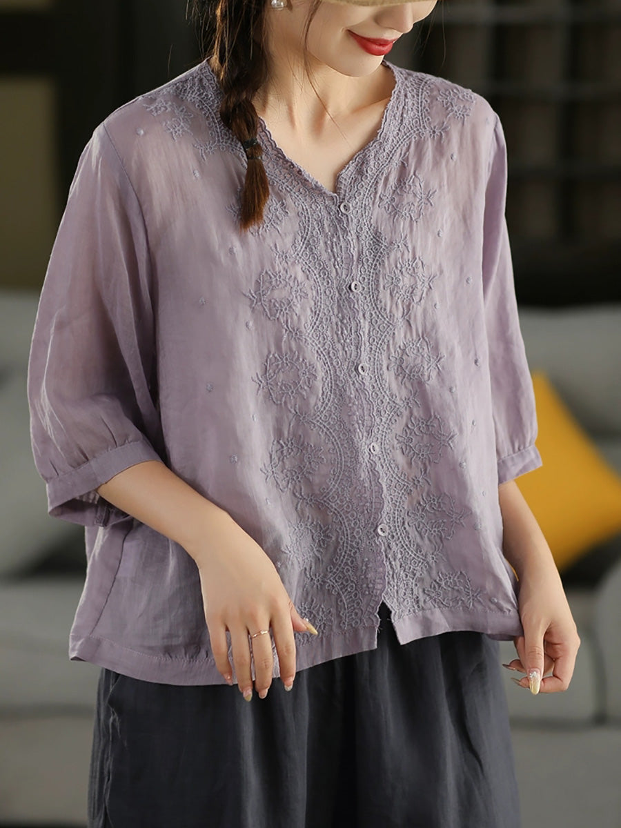 Women Summer Vintage Embroidery V-neck 100%Raime Shirt