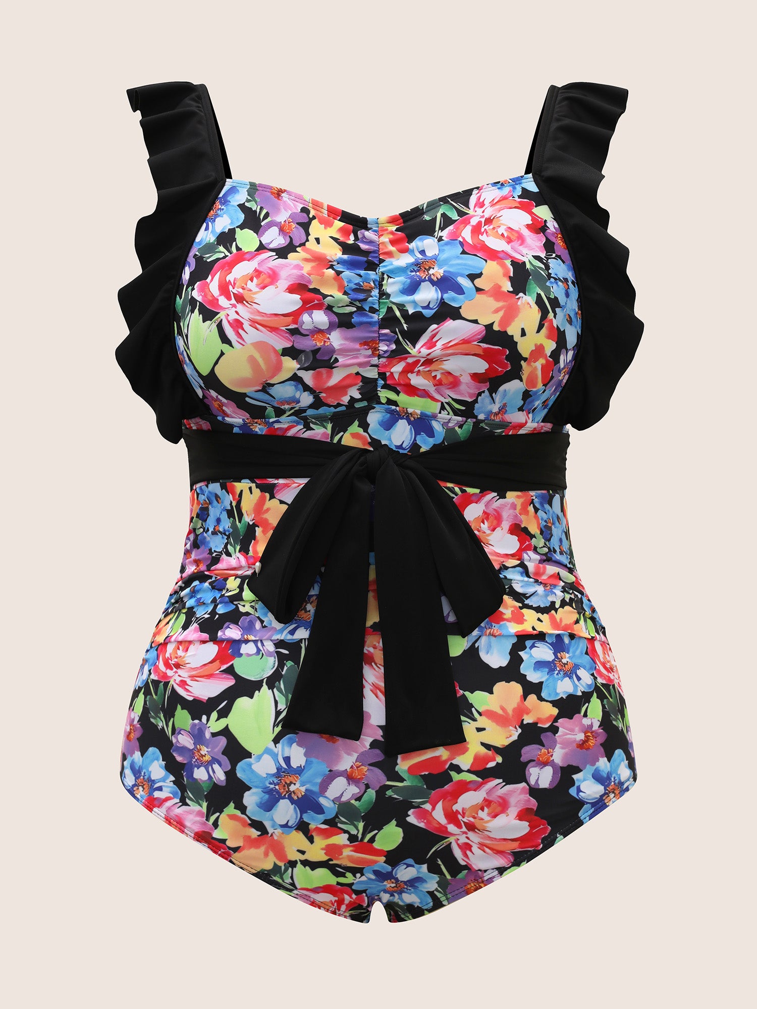 Floral Contrast Tie Knot Ruffle Trim One Piece Swimsuit