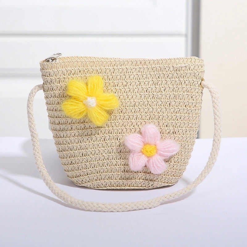 Women's Mini Straw Flower Bow Knot Fashion Bucket Zipper Shoulder Bag Handbag Crossbody Bag