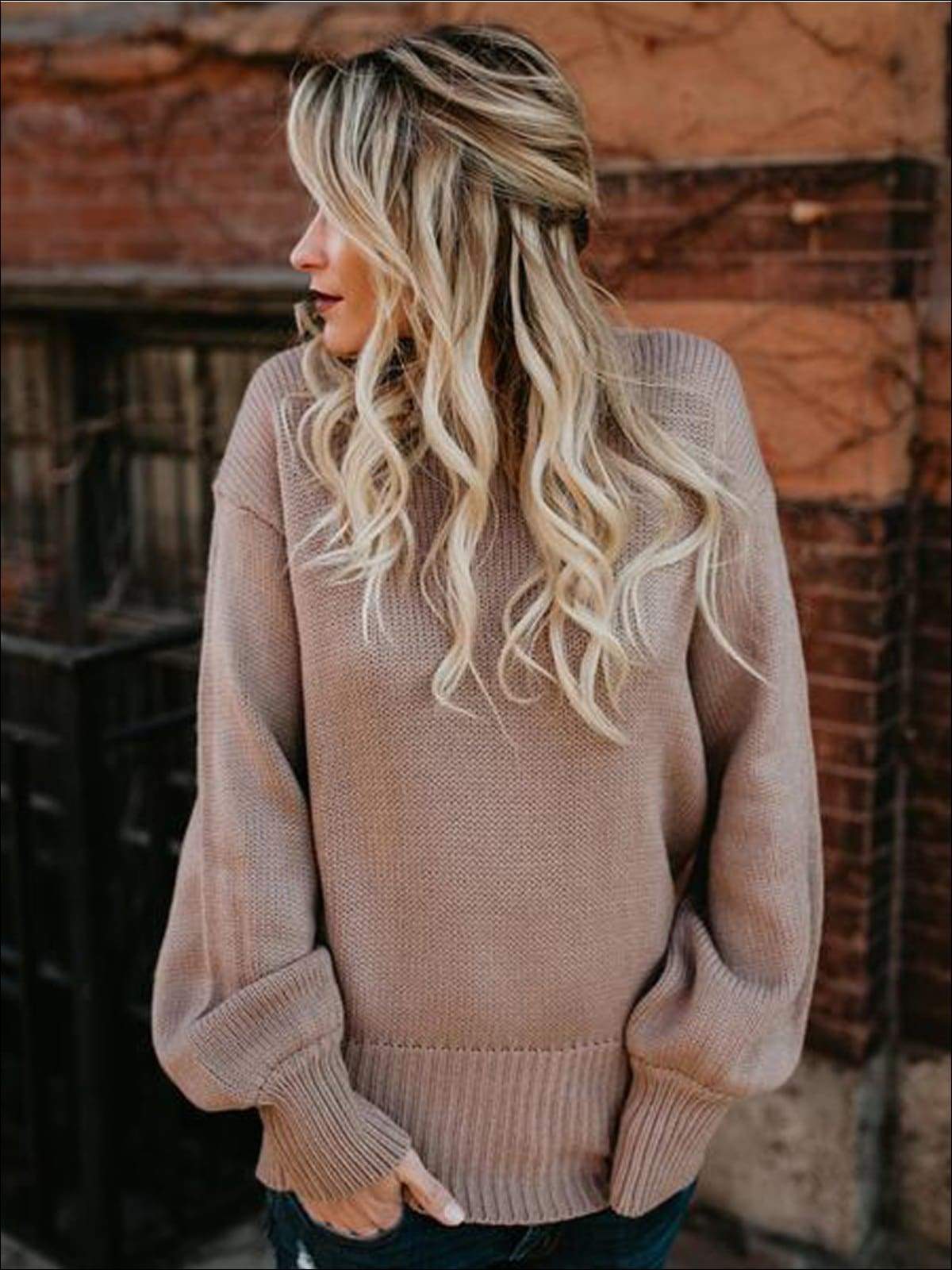 Knitted Oversized Sexy Bow Tie  Back Lantern Sleeve Sweater