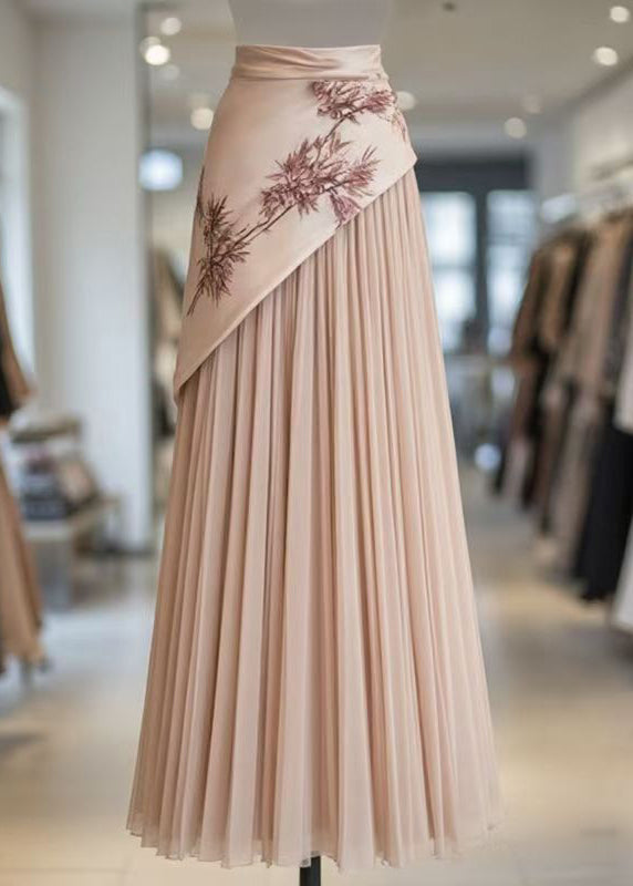 French Pink Asymmetrical Print Chiffon Patchwork Skirts Summer