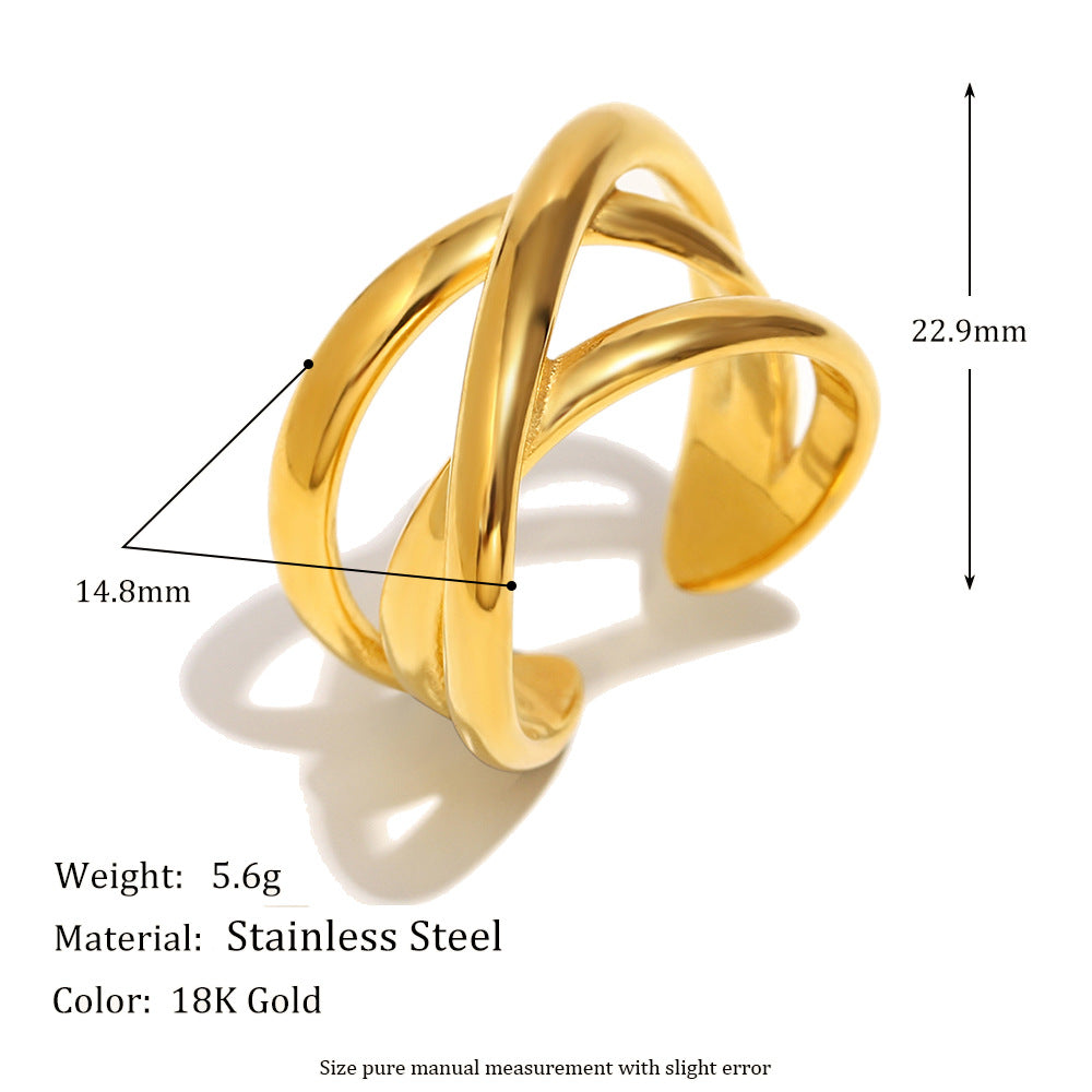 Niche Trend Stainless Steel 18K Gold Plated Cross Line Fishbone Flower Crab Turtle Open Ring