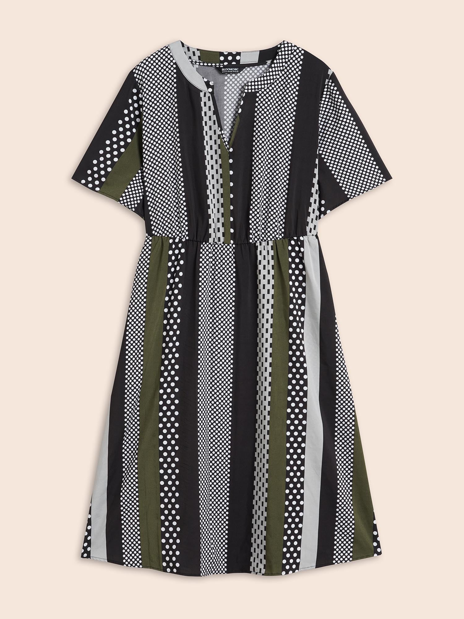 Notched Geometric Patchwork Contrast Midi Dress