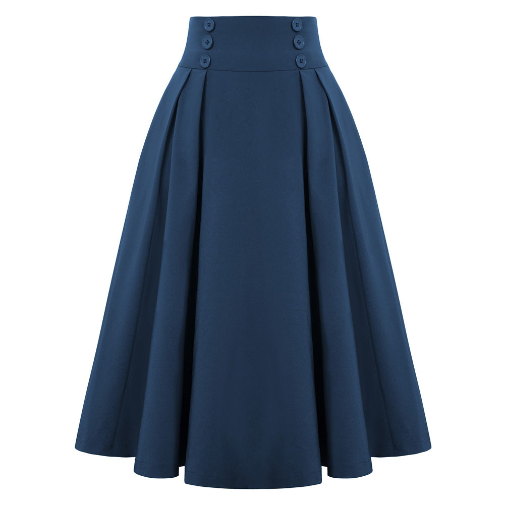 Leaf Patterns Pleated Buttons Decorated Elastic Waist High Waist Swing A-Line Skirt with Pockets