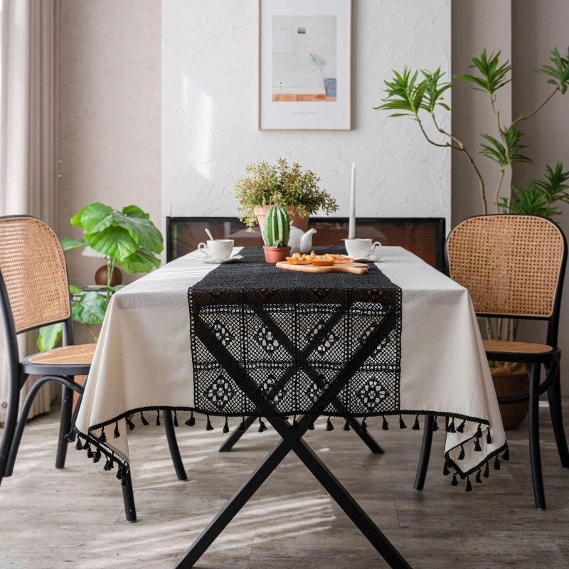 Yiqiqiyun Tablecloth White Plain Contrast Color Hollow Stitching Small Fresh Table Cloth Restaurant Tablecloth