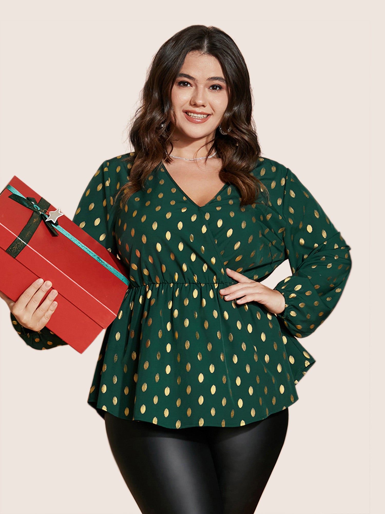 Polka Dot Lantern Sleeve Wrap Ruffle Blouse