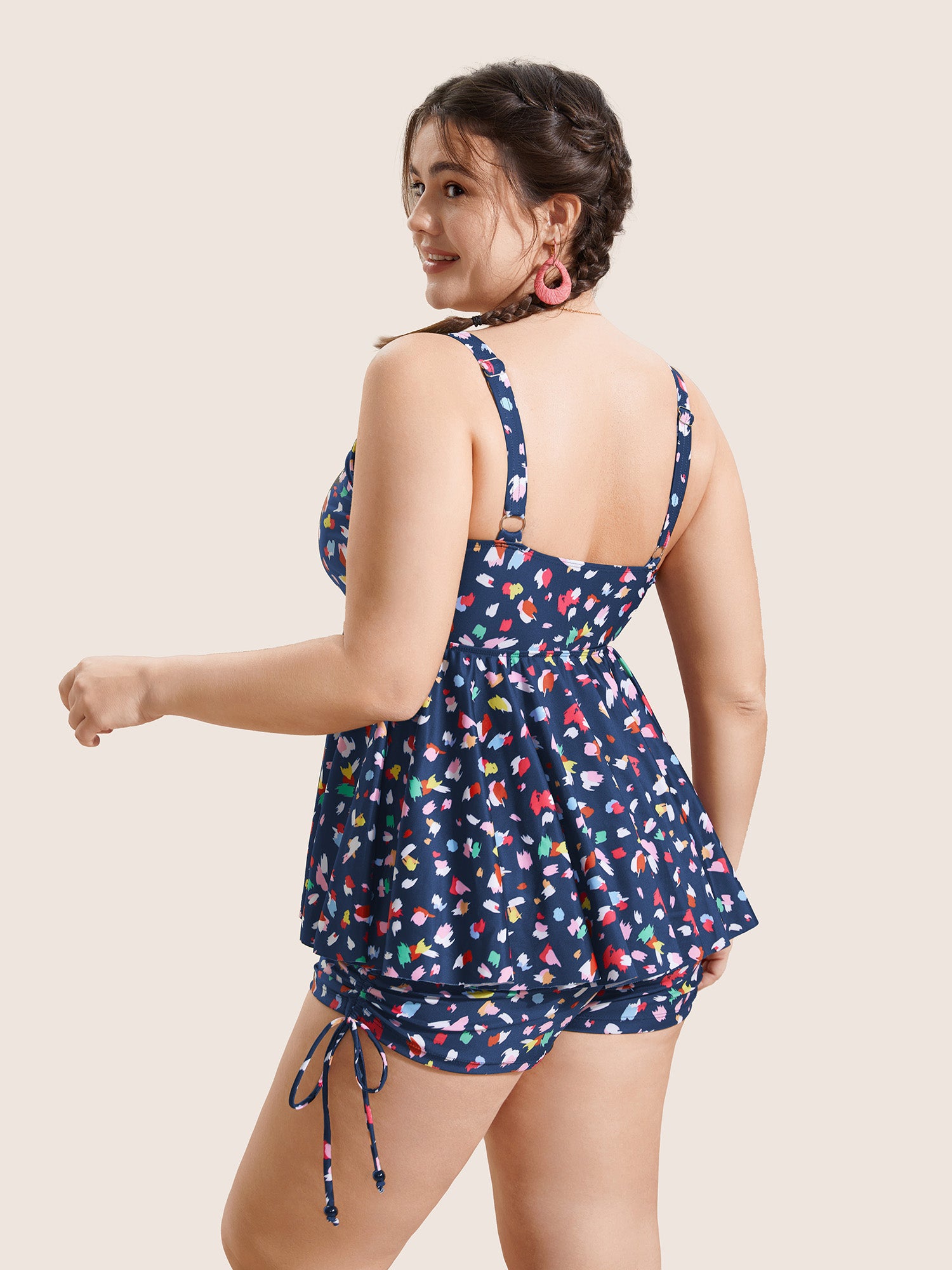 Allover Print V Neck Gathered Swim Top
