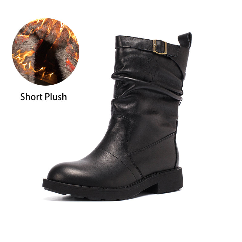 Soft?Leather Mid Calf Boots Fold Design Riding Boots Short Plush Lined For Winter