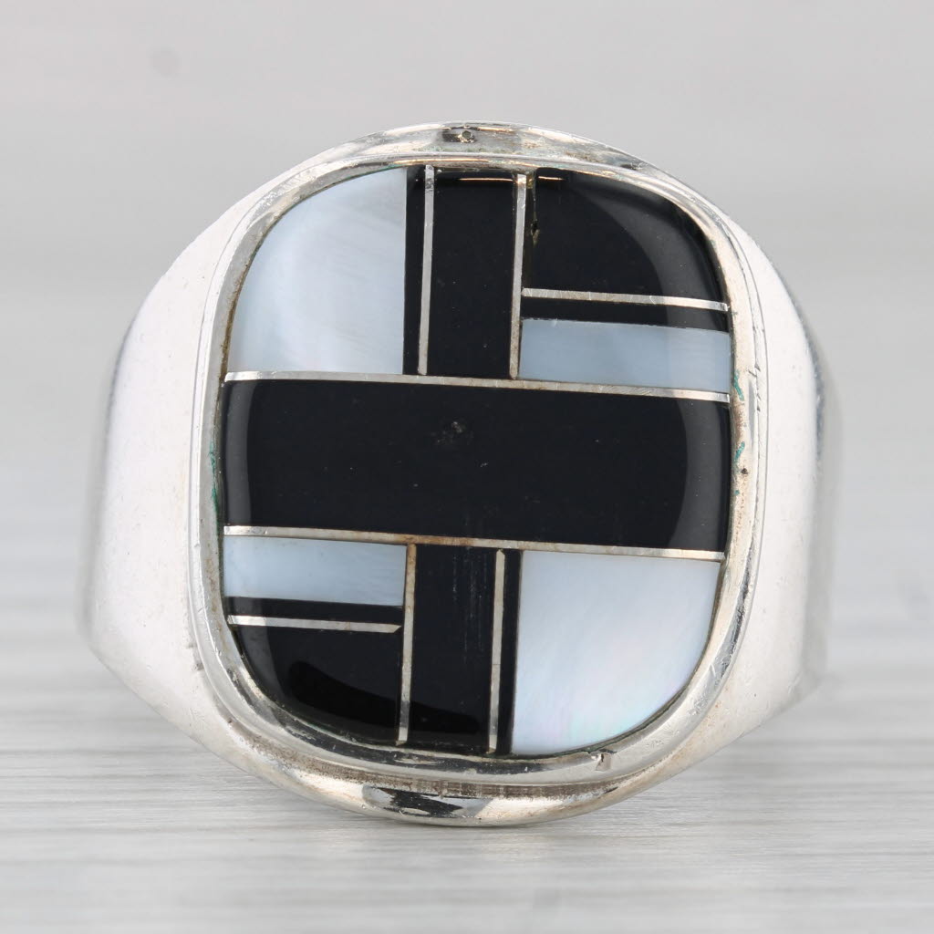 Mother of Pearl Quartzite Mosaic Ring Sterling Silver Size 12 Angie Tom Navajo