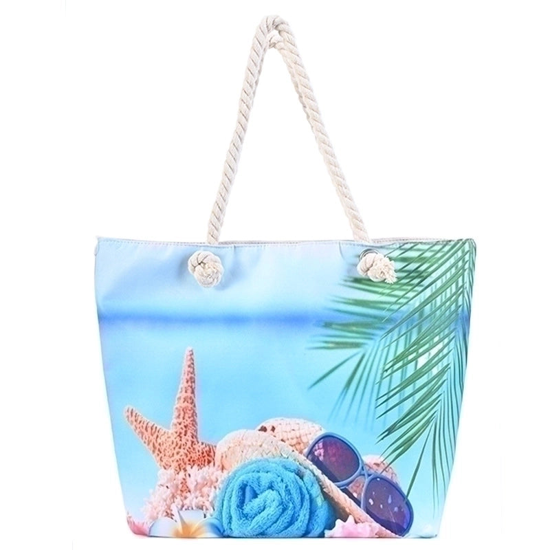 Women's Large Canvas Color Block Vacation Beach Square Zipper Shoulder Bag Tote Bag