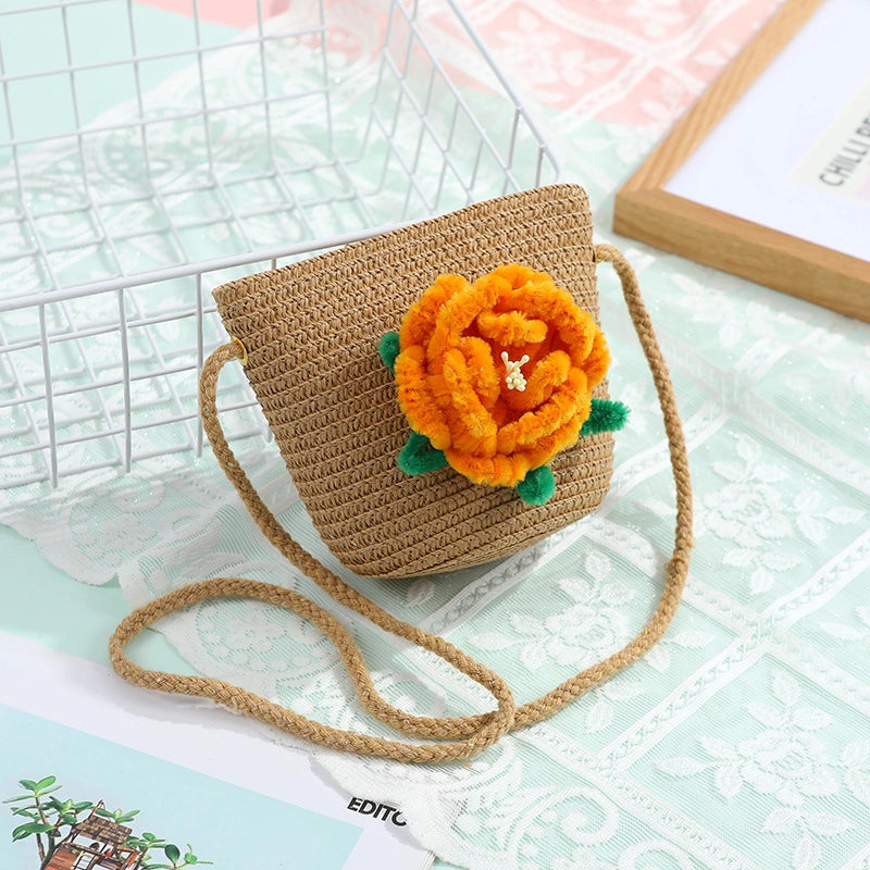Women's Small Straw Solid Color Flower Vacation Beach Weave Round Zipper Straw Bag