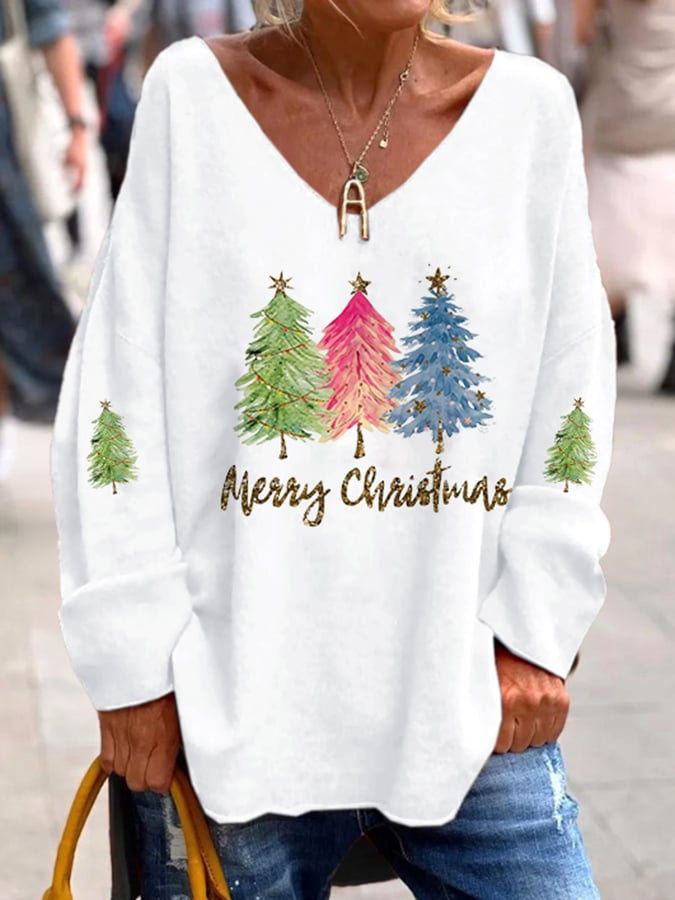 Women's Sequined Christmas Tree Print Long Sleeve T-Shirt