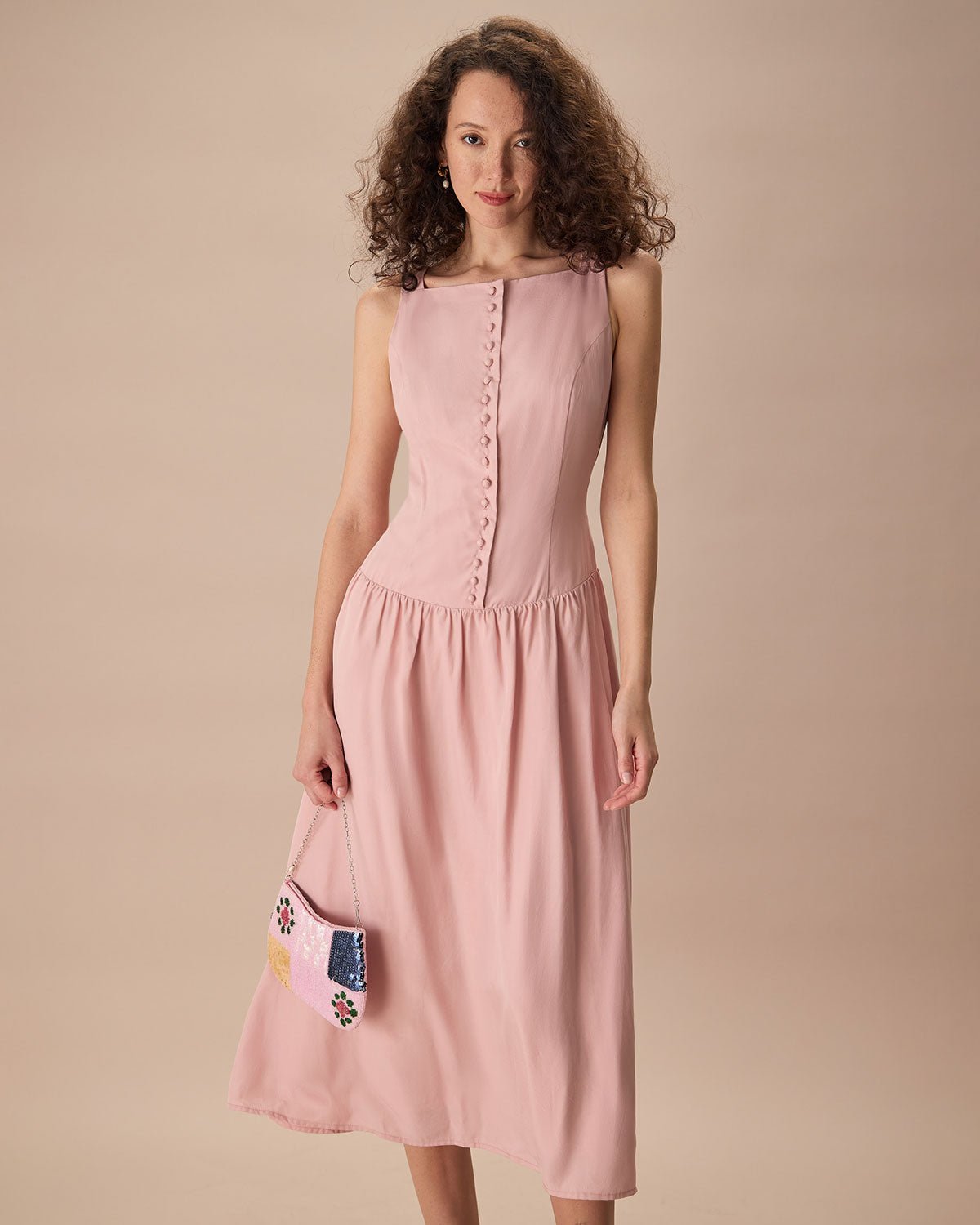 Women's Pink Boat Neck Sleeveless Lyocell Midi Dress