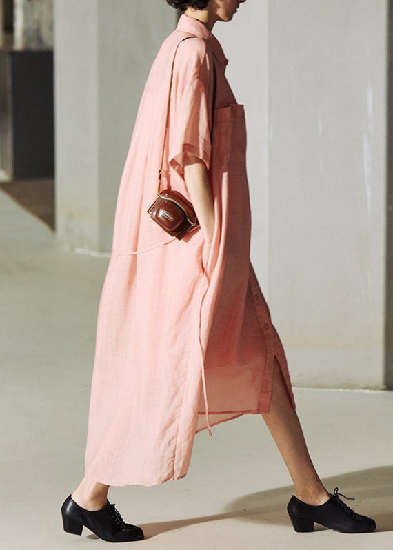 Loose Pink Peter Pan Collar Pockets Button Cotton Dresses Summer