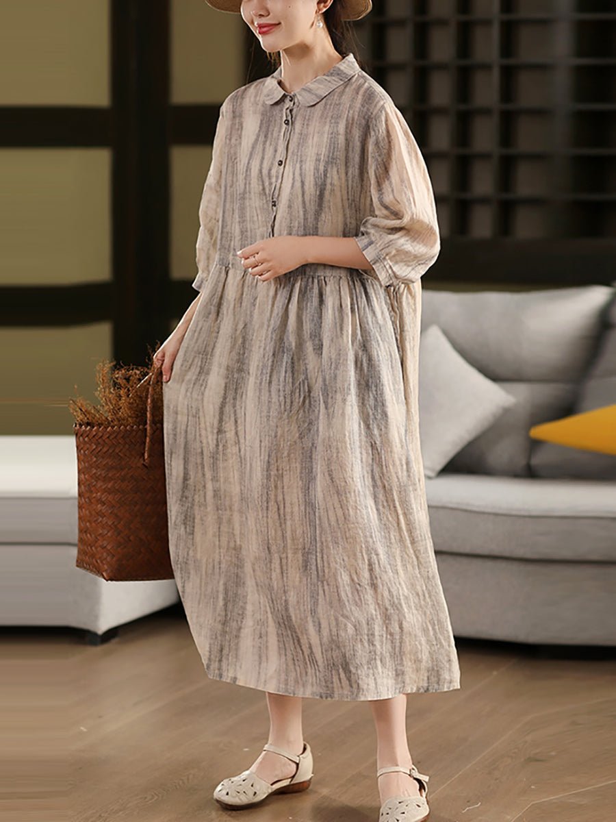 Women Summer Vintage Turn-down Collar 100%Ramie Dress
