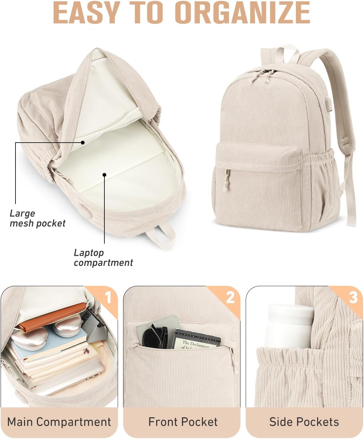 School Backpack for Teens Girls Boys, Large Corduroy College Bookbag Lightweight Backpack Purse for Women Fit for 15.6 Inch Laptop (Beige)