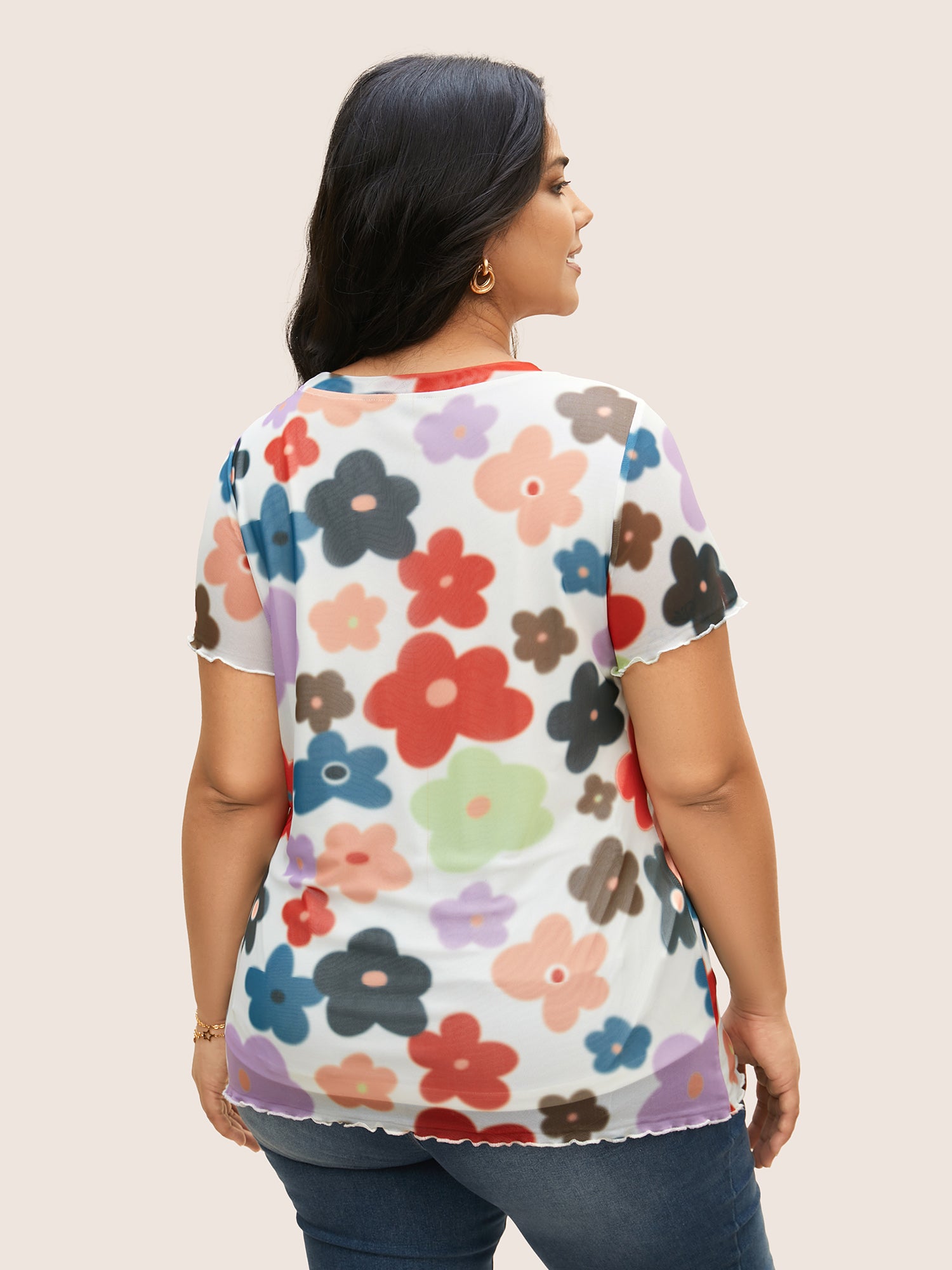 Round Neck Colored Floral Mesh T-shirt