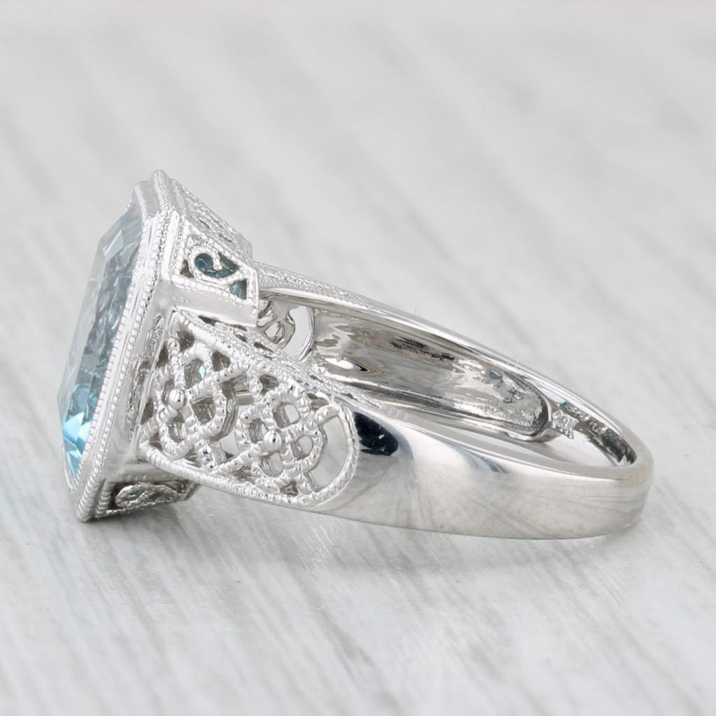 6.45ct Blue Topaz Solitaire Filigree Ring 14k White Gold Size 7
