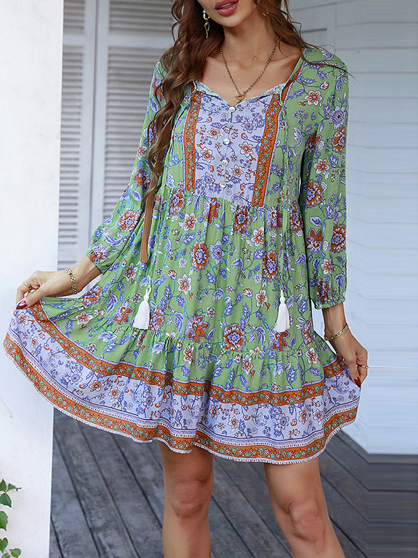 A-Line Loose Buttoned Contrast Color Flower Print Pleated V-Neck Mini Dresses