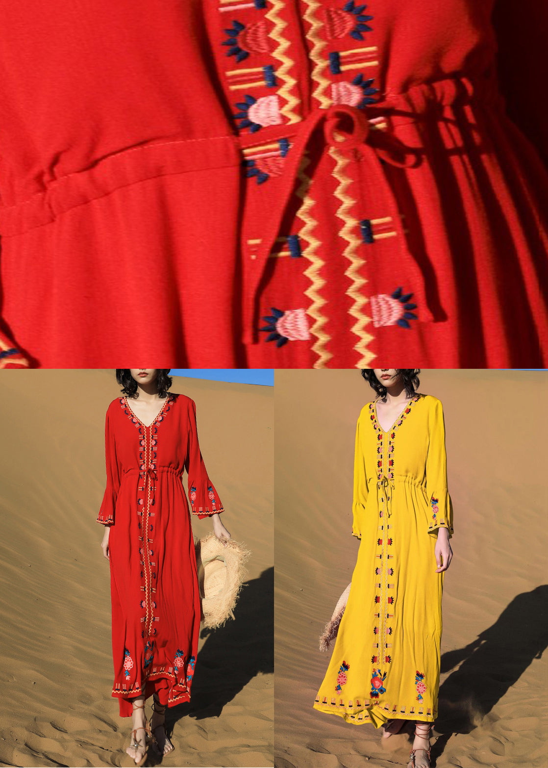 Yellow Tie Waist Cotton Fall Long Dress Embroidered