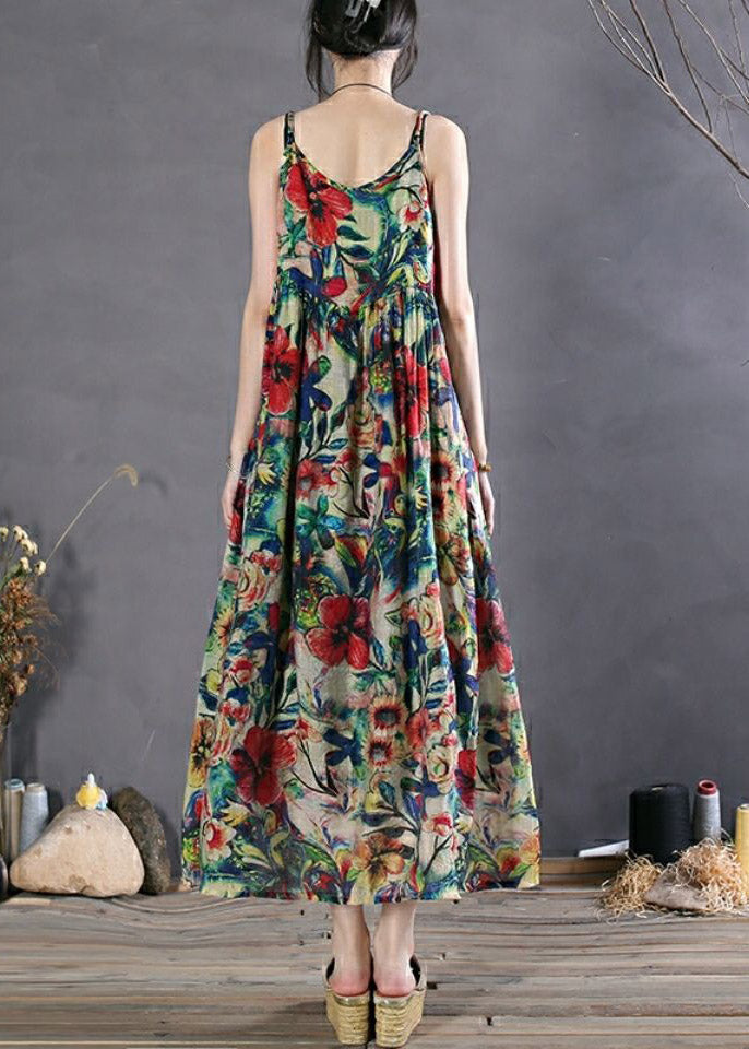 Chic Black Print Wrinkled Spaghetti Strap Long Dress Sleeveless