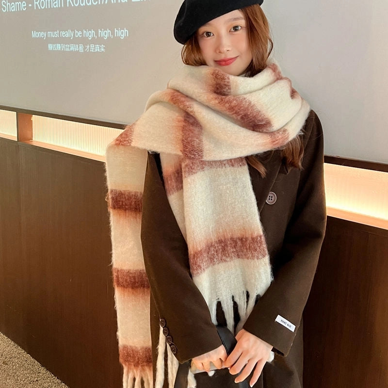 Women's Preppy Style Vacation Sweet Color Block Stripe Mohair Tassel Scarf