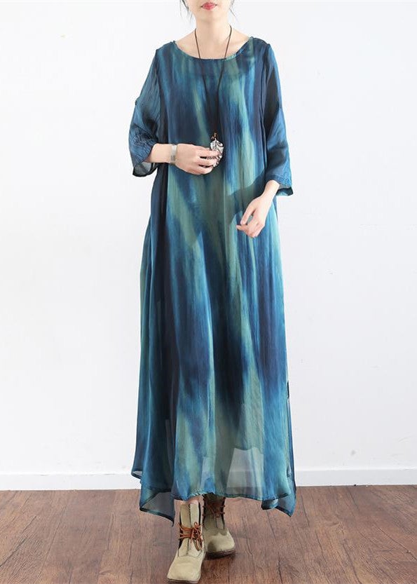 the sea blue print silk dresses plus size causal long silk caftans oversize gowns bracelet sleeves