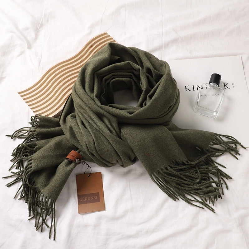 Solid Color Prickly Wool Scarf Women's 300g Ge Run Si Imitation Cashmere Thickened Scarf Japanese Style Plain Scarf For Autumn And Winter